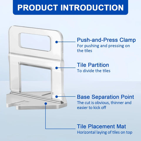 Diagram showing features of 500 Piece Tile Leveling Clips Kit for One Eighth to One Half Inch Tile Thickness Pro Grade Spacers