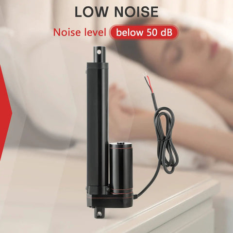 Six Inch DC Twelve Volt Stroke Linear Actuator With Mounting Bracket shown beside resting person. Low noise, below 50 dB.