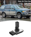 Drop-In Maf Sensor Replacement For Ford F-150 1999 To 2003, F-250 1999, F-350 1999, F-450 1999 To 2001, F-550 1999 To 2001, Taurus 1998 To 1999, Lincoln Blackwood 2002, OEM-Grade, Direct-Fit, Replaces XL3F12B579BA, shown with vehicle in background.