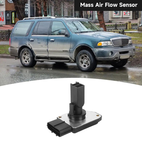 Drop-In Maf Sensor Replacement For Ford F-150 1999 To 2003, F-250 1999, F-350 1999, F-450 1999 To 2001, F-550 1999 To 2001, Taurus 1998 To 1999, Lincoln Blackwood 2002, OEM-Grade, Direct-Fit, Replaces XL3F12B579BA, shown with vehicle in background.