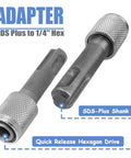 Five Piece SDS Plus Shank Drill Chuck Adapters Set To Convert To One Quarter Inch Hex Socket, shown with SDS Plus to 1/4 Hex adapter.