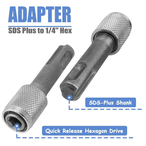 Five Piece SDS Plus Shank Drill Chuck Adapters Set To Convert To One Quarter Inch Hex Socket, shown with SDS Plus to 1/4 Hex adapter.