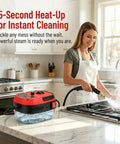 No Sweat Heavy Duty 2500W High Pressure Steam Cleaner For Car Engine Detailing And House Chores With Six Adjustable Heat Levels Portable multi-surface steam cleaner in red on kitchen counter.