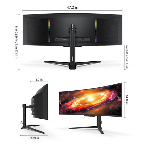 49 Inch OLED Ultrawide Curved Monitor With 5120x1440 Resolution And 144Hz Refresh, side and back view with adjustable stand