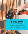 Using a Powerful Oscillating Multi Tool Workhorse With 2.5 Amp Motor And Variable Speed Dial on chair leg for sanding