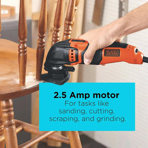 Using a Powerful Oscillating Multi Tool Workhorse With 2.5 Amp Motor And Variable Speed Dial on chair leg for sanding
