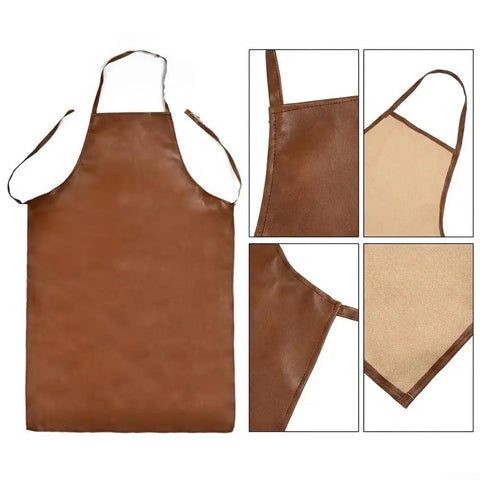 Tough As Nails Heavy Duty Polyurethane Welding Apron Premium Heat Insulation Full Body Spark And Chemical Resistant Workwear For Industrial And Garage Projects in brown, showing front and detail views.