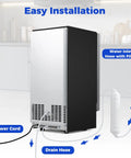 15 Inch Under Counter Commercial Ice Maker Produces 110 Lbs Of Ice Daily With 25 Lb Storage Capacity showing water inlet and drain hoses for easy installation.