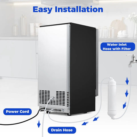15 Inch Under Counter Commercial Ice Maker Produces 110 Lbs Of Ice Daily With 25 Lb Storage Capacity showing water inlet and drain hoses for easy installation.