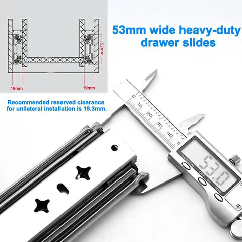 53mm wide heavy-duty drawer slides with caliper measurement showing 53.1mm