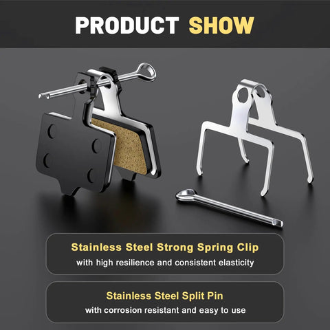 Four Set Universal Disc Brake Pads For MTB And Road Bikes with stainless steel spring clip and split pin on display
