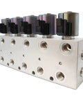 Side view of Five Circuit Hydraulic Multiplier Kit With Selector Valve And Switch Box Control For Open Closed Or FPC Systems, anodized body.