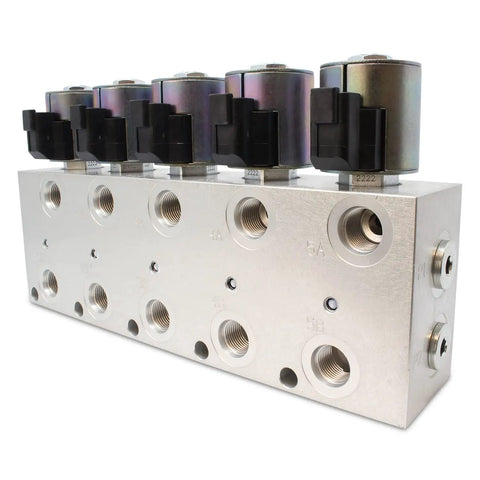 Side view of Five Circuit Hydraulic Multiplier Kit With Selector Valve And Switch Box Control For Open Closed Or FPC Systems, anodized body.