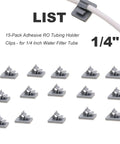 Image of fifteen pack adhesive RO tubing holder clips for one quarter inch water filter tubing cable management mounts.