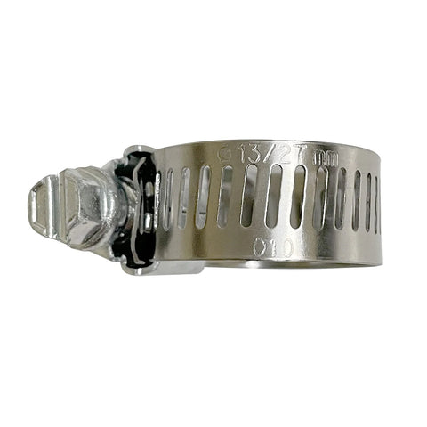 Side view of stainless steel band hose clamp with screw, single clamp