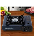 ST-7000 Blue Portable Gas Stove With Case For Camping Outdoors Lightweight Compact Stove With Auto Shutoff Safety High Heat Output Wind Resistant Burner Adjustable Heat Control Butane Not Included on wooden table with vegetables