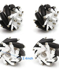 Moebius 4WD Mecanum wheel robot chassis kit in silver aluminum with four DC motors for Arduino/STM32 (front and side views)