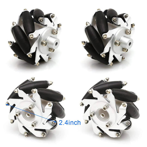 Moebius 4WD Mecanum wheel robot chassis kit in silver aluminum with four DC motors for Arduino/STM32 (front and side views)