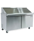 Rugged Heavy Duty Workhorse 15 Cubic Foot Commercial Refrigerator In Slick Stainless Steel with two doors and a raised lid.