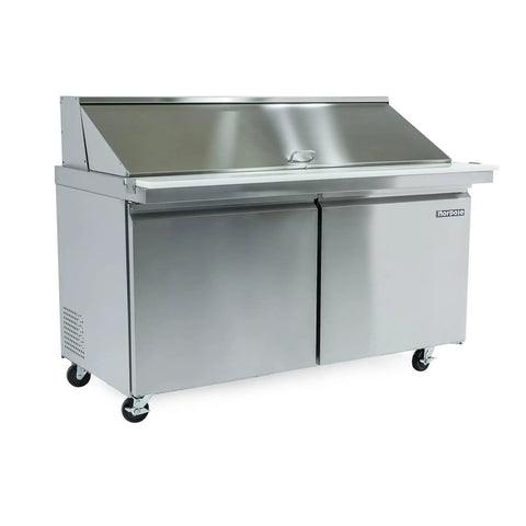 Rugged Heavy Duty Workhorse 15 Cubic Foot Commercial Refrigerator In Slick Stainless Steel with two doors and a raised lid.