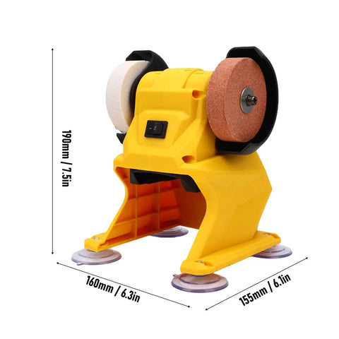 Depisuta Mini Bench Grinder 5500Rpm with dual wheels, sturdy yellow base, ideal for rust removal and blade maintenance.