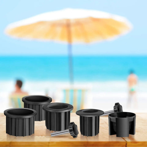 Patio Umbrella Base Ring Plug Set With Hole Bases In 1.25 In 1.5 In And 1.9 In on a table, includes M8 40 mm screws