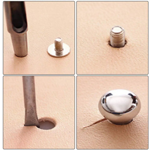Top Shelf Chicago Screws And Leather Rivets For Badass Diy Projects 60 Piece Set 8Mm showcasing the installation process of round head fasteners.