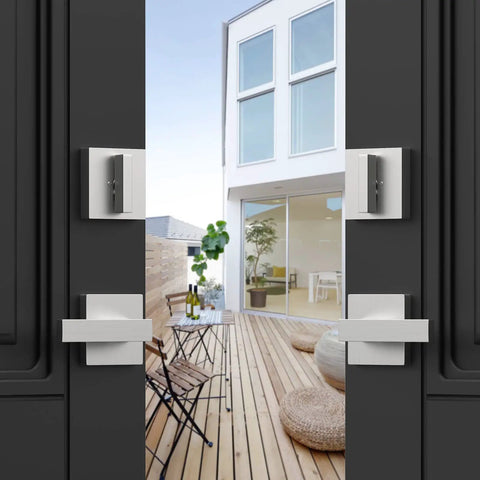 Heavy Duty Front Door Handle Set With Double Door Lock Satin Nickel Finish, Reversible Lever And Deadbolt installed on glass doors