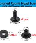 Dang Tough And Zero Drama Rig 21 Set Chicago Screw Kit For Kydex And Leather Gun Holsters Knife Sheaths showing knurled round head screws 3/8 inch with measurements.