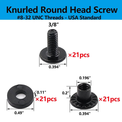 Dang Tough And Zero Drama Rig 21 Set Chicago Screw Kit For Kydex And Leather Gun Holsters Knife Sheaths showing knurled round head screws 3/8 inch with measurements.