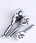 Mini Drive Ratchet Kit With Quick Release And Reversible 72 Tooth Design, polished chrome finish, three stubby drives