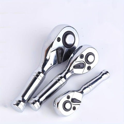Mini Drive Ratchet Kit With Quick Release And Reversible 72 Tooth Design, polished chrome finish, three stubby drives