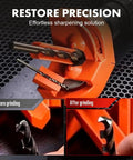 Total Beast Dual Wheel Drill Bit Sharpener Knocks Out Dull Edges On HSS Carbide And Masonry Bits Lightning Fast Portable Diamond Grind Rig Straight Up Made For Quick Garage Fixes, showing before and after sharpening drill bits.