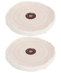Two Piece Beige Cotton Buffing Wheels For Bench Grinder 144mm Diameter With 12mm Hole showing detailed stitching and center bore.