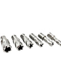 Nine-piece annular cutter set with Weldon shank for mag drill; HSS M2 cutting bits, front view