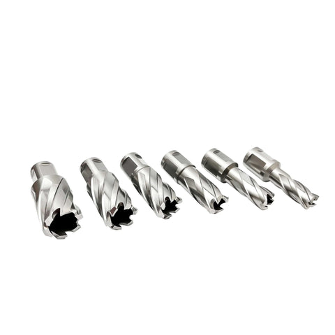 Nine-piece annular cutter set with Weldon shank for mag drill; HSS M2 cutting bits, front view