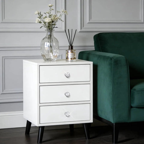 Six Pack White Sphere Drawer Knobs Featuring Dazzling Glass Rhinestones And A Sleek Premium Silver Finish To Level Up Your Kitchen Drawers And Bedroom Vanities on a white nightstand.