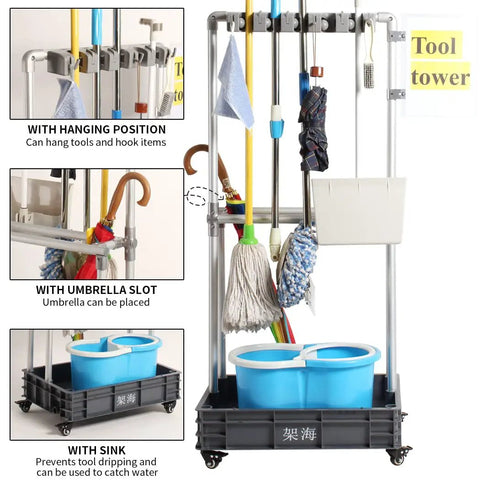 Cleaning Tool Tower On Wheels With Mop Holder, Umbrella Stand, Drip Tray And Tool Storage Rack, 5S Shadow Board, Janitor Cart