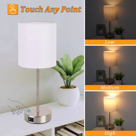 Set Of 2 Touch Control Table Lamps With USB Ports And AC Outlet, Modern Dimmable Nightstand Lamps displaying dimmable settings