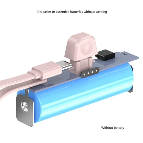 No Sweat Battery Charging Case For Rechargeable Cells Solderless DIY Power Bank Housing with blue casing and assembly connectors.