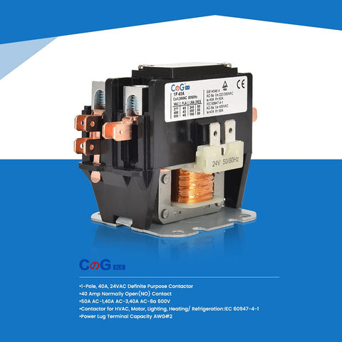 Close-up of One Pole 40 Amp 24V HVAC Contactor with flame retardant housing and durable 24VAC coil for AC condensers