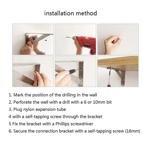 Installation guide for Top Notch Stainless Steel Corner Shelf Brackets, Heavy Duty Wall Mount Supports with steps for secure fitting.