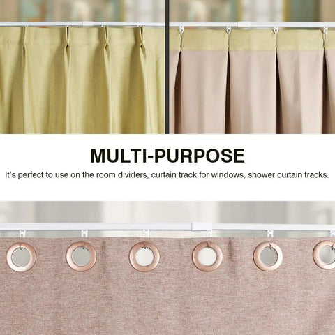 Adjustable Telescoping Curtain Track System With Ceiling Mount For Heavy Drapes And Room Dividers, No Tools Needed Length Adjustment, White Metal Rail For Thick Curtains, Smooth Glide, Sturdy Support, Modern Clean Look shown with room divider curtains