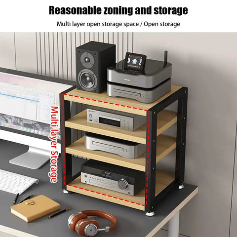Multi Tier HiFi Rack With Solid Wood And Stainless Steel Brackets Anti Vibration Desktop Audio Stand For Amplifier CD Player And Speakers in corner setup
