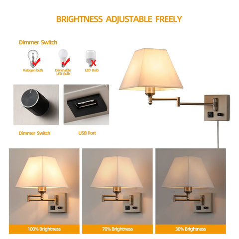 Brightness settings of Swing Arm Wall Light With USB Port And Outlet, Plug In Wall Sconce In Nickel Finish, Dimmable Switch
