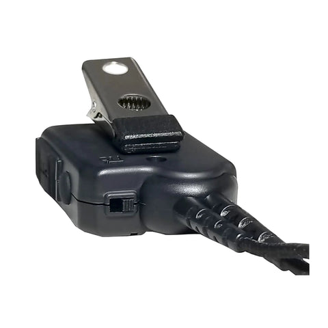 Badass Usb C Lapel Mic Kit With Smart PTT Button And Tough Braided Cord, close-up of mic clip and connector.