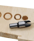 Legit Top Tier Wood Plug Cutter Drill Bit Set Eight Piece Collection Titanium Coated Steel on wood with drilled plugs.