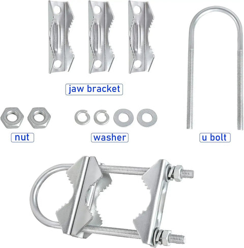 Heavy Duty Mast Clamp Kit For Dual Antenna Mounts With V Jaw Brackets And U Bolts, Two Pack Pole Mount Brackets For Outdoor Roof Or Mast Install, Zinc Plated Iron Construction With Rust Proof Finish Built To Last. Zinc-plated iron mast clamp kit with 3 jaw brackets, U-bolt, nuts, and washers