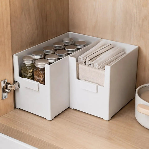 Versatile Big Capacity Heavy Duty Stackable Storage Bins Open Top Space Saving Closet Organizer With Slick Zero Hassle Design For Bedroom Bathroom And Kitchen Game Changer storing jars and cloths in a pantry.