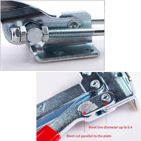Heavy Duty Horizontal Clamp With Quick Release, 277kg Capacity, Pro Grade Clamping Tool For Woodworking, Carpentry And Welding, Steel And Rubber Construction, 85 Degree Opening, Smooth Lever Action, close-up steel clamp with threaded bolt